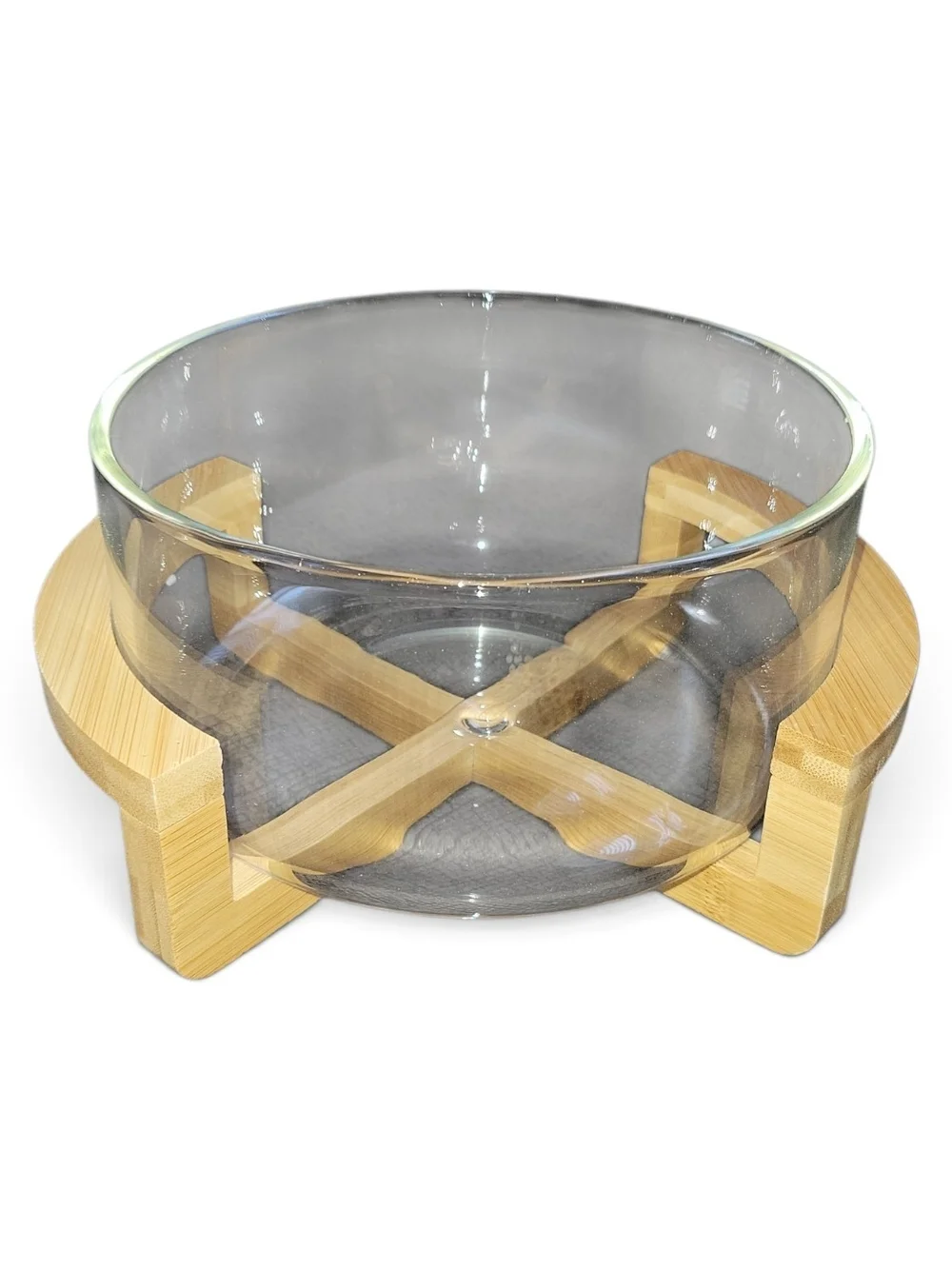 Glass Serving Bowl with Bamboo Stand - Clear Glass & Natural Wood